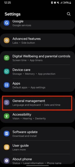 Selecting General management option in Samsung Galaxy Settings menu