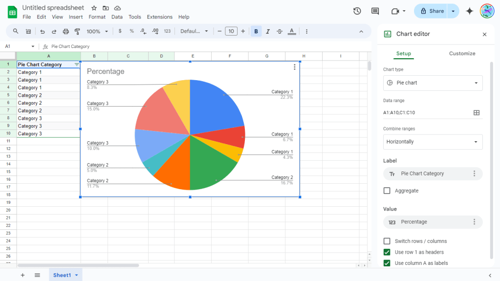 a pie chart from template generated by a prompt in google sheets