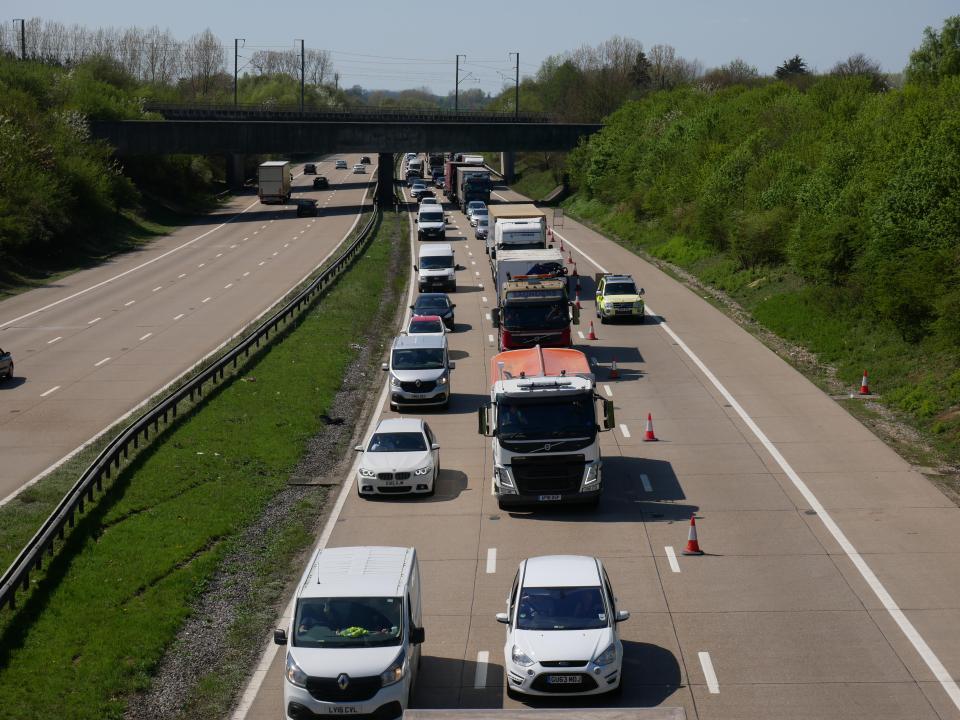 Traffic jam on the M20 motorway in Kent, UK, caused by a collision involving two HGVs.