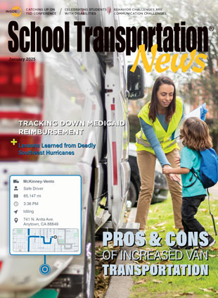 A sample screenshot displays the type of real-time tracking data that Zonar Ground Traffic Control can provide student transporters, in this case using a van to pick up a student who is homeless. Photo provided by Zonar. Cover design by Kimber Horne