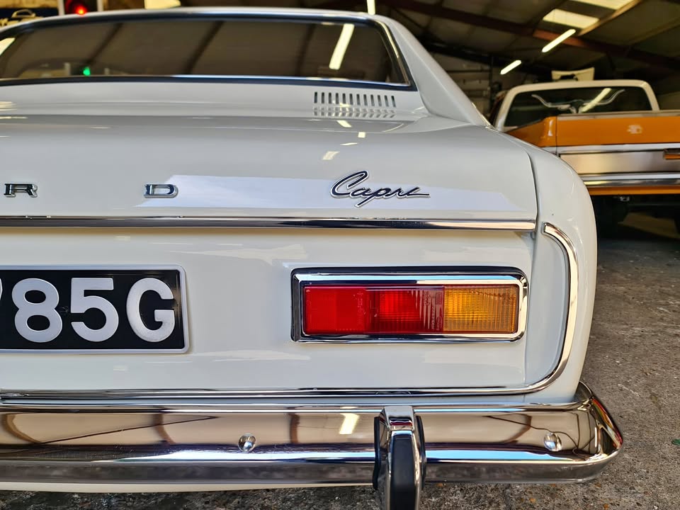 Rear view of a white Ford Capri.