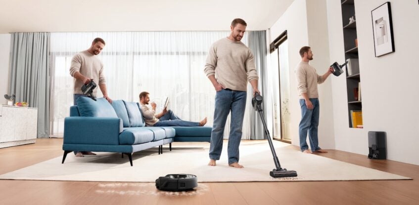 Man using vacuum in three different ways