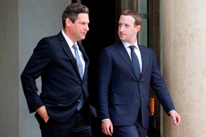 Meta global policy chief Joel Kaplan, left, and chief executive Mark Zuckerberg