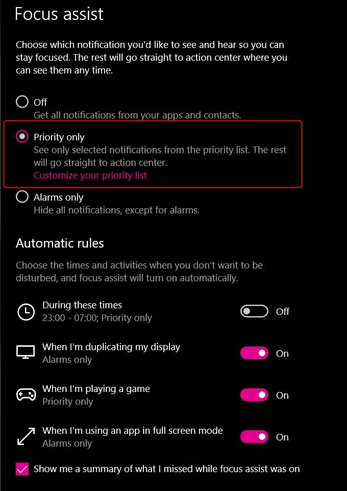 Focus Assist open on Windows showing options to set priority.