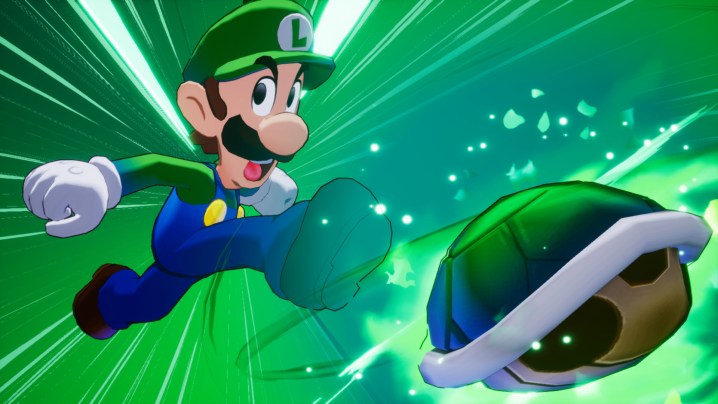 Luigi kicks a shell in Mario & Luigi: Brothership.