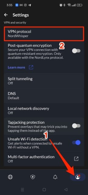 Selecting VPN protocol option in NordVPN app settings menu