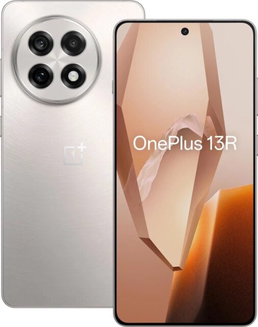 Front and back view of OnePlus 13R phone in Astral Trail color