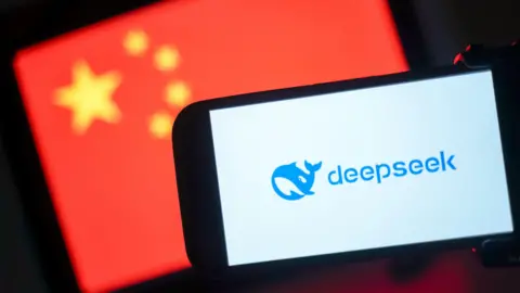 Getty Images Illustration of DeepSeek logo in front of a Chinese flag