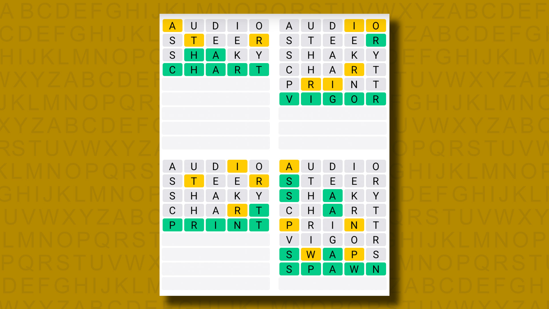 Quordle answers for game 1093 on a yellow background