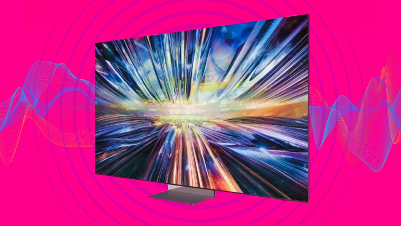 Samsung TV on a pink background with waveforms around it.