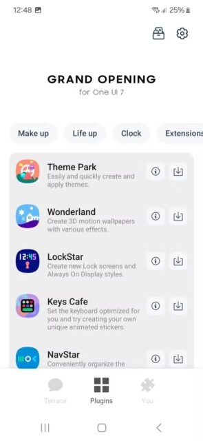 Different Good Lock app modules arranged in list format inside Plugins menu 