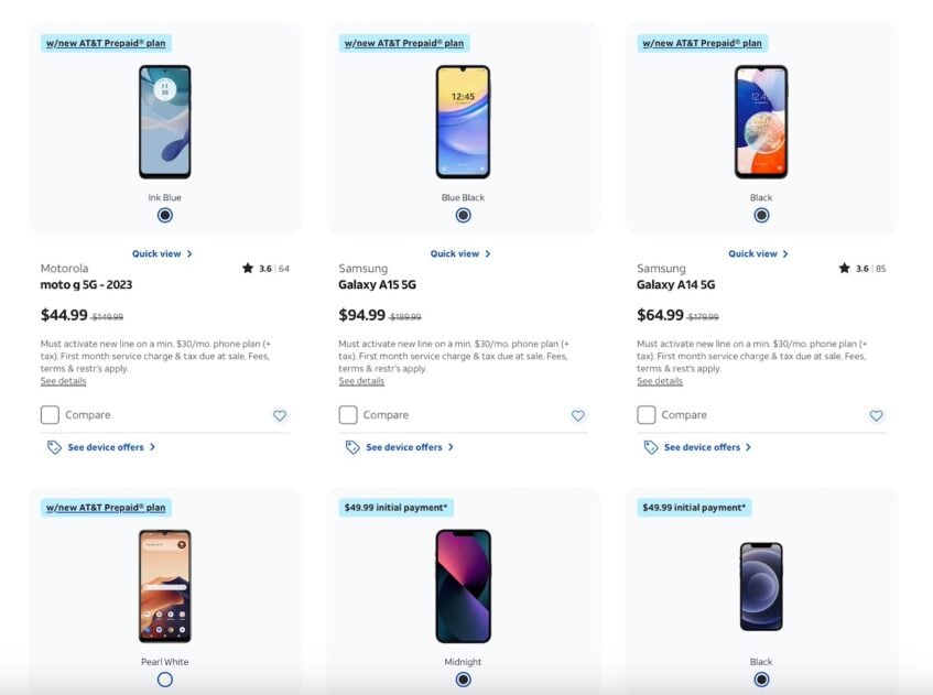 Prepaid phones on AT&T web store