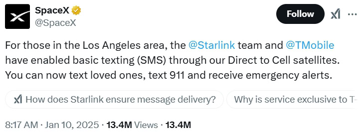 Starlink and T Mobile enabling Direct to Cell satellite messaging in Los Angeles