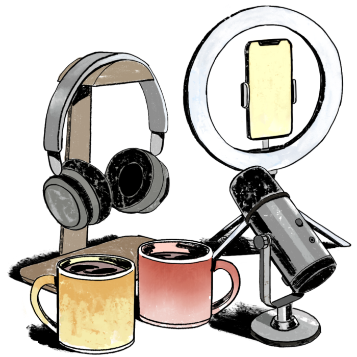 A colour illustration of a pair of headphones, a microphone and two mugs of tea or coffee