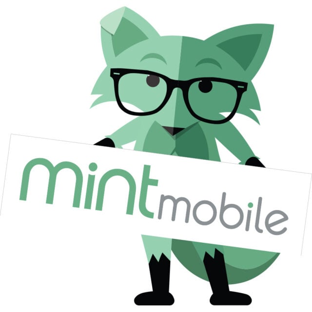 Animated green fox holding Mint Mobile logo