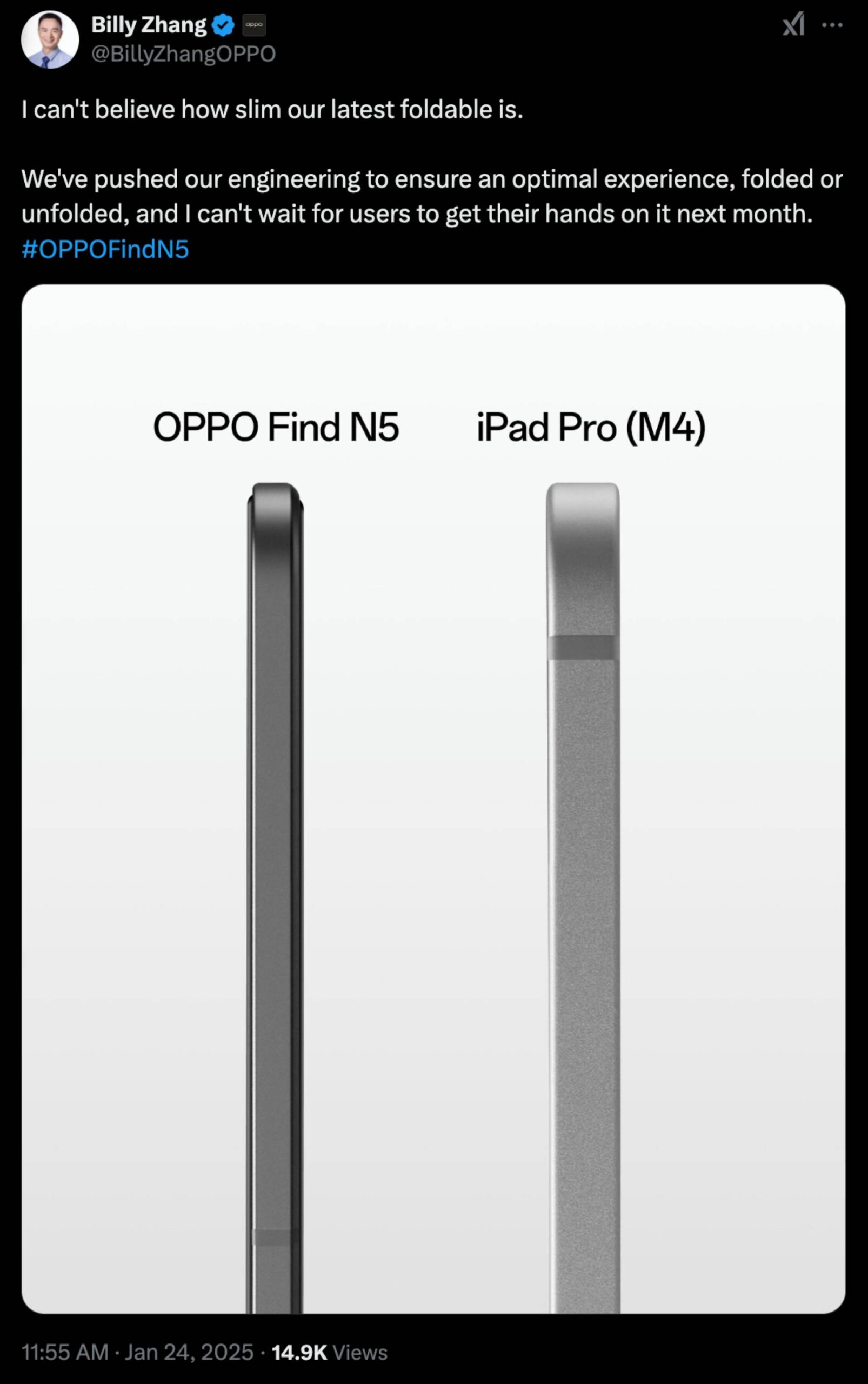 Billy Zhang Oppo Find N5 thickness comparison with iPad Pro