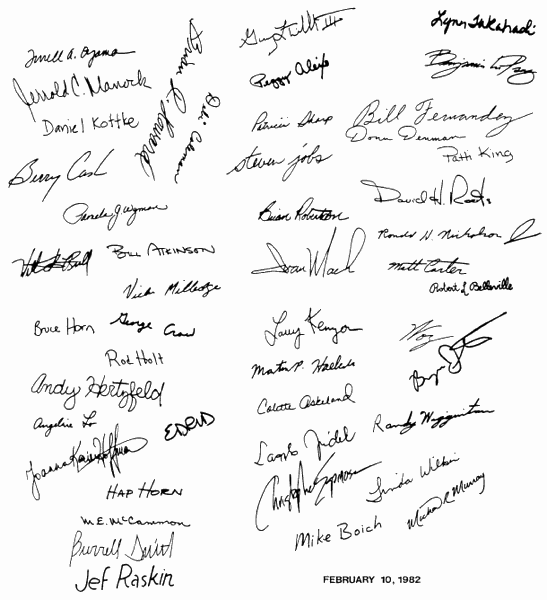 The signatures of the original Mac creators inside the Macintosh 128K case.