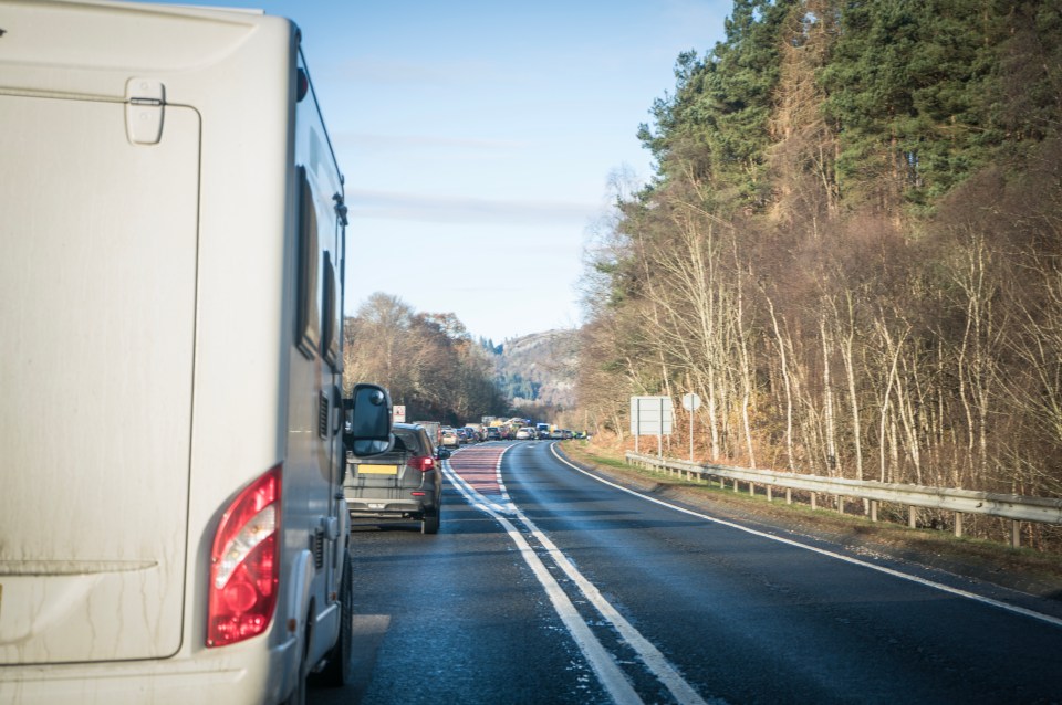 Traffic jam on a Scottish highway.