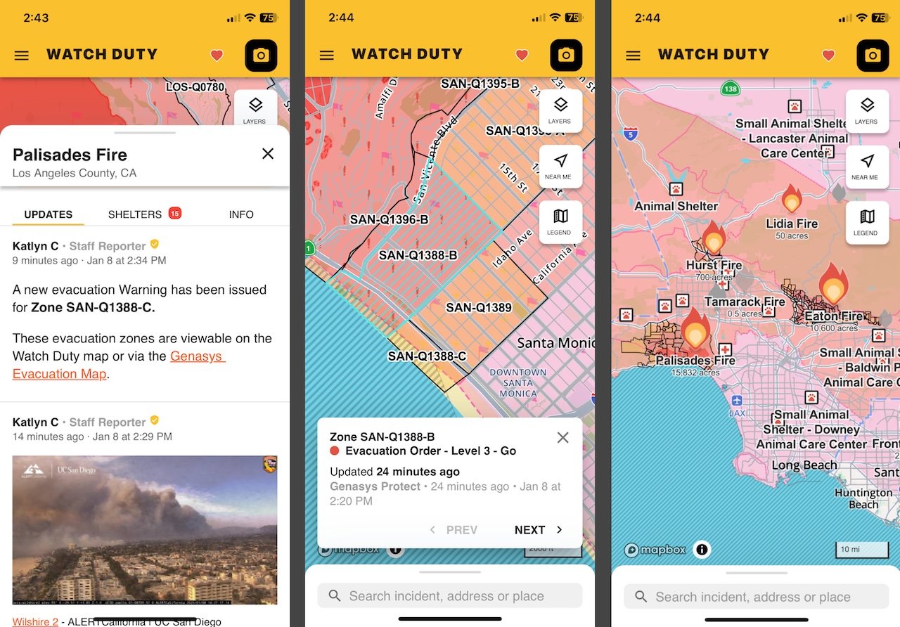 Screenshots of the Watch Duty interface during the Palisade Fire on Jan. 8, 2025.