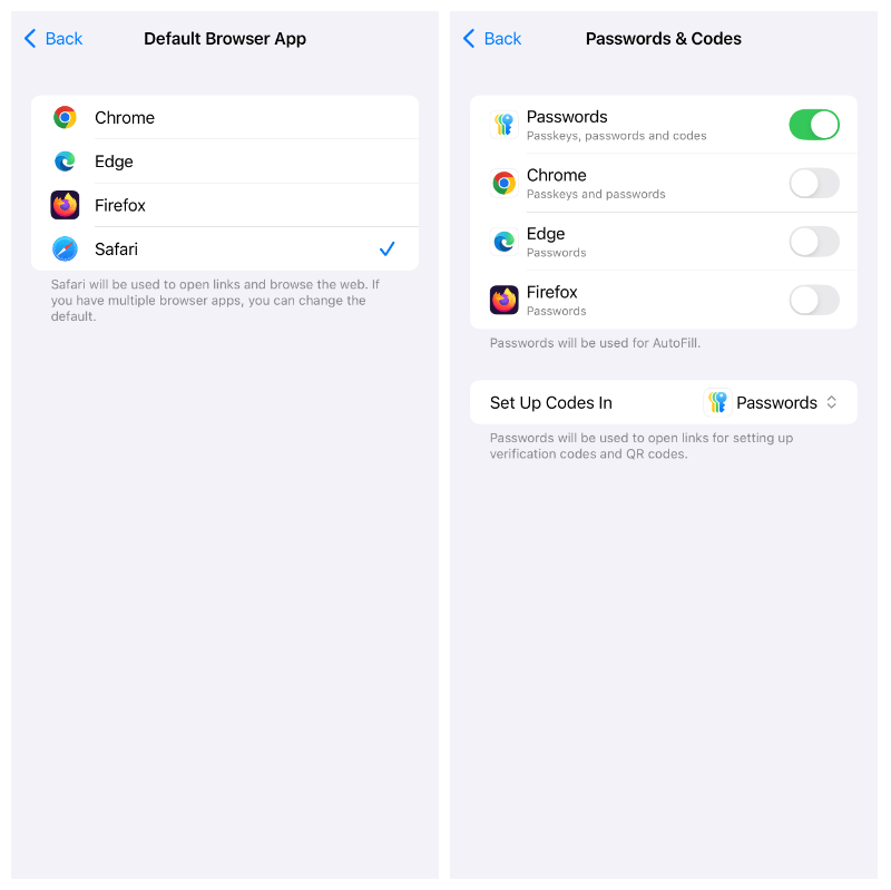 2 mobile displays: left, headed Default Browser App listing Chrome, Edge, Firefox, Safari; right, headed Passwords & Code and listing Passwords, Chrome, Edge, Firefox