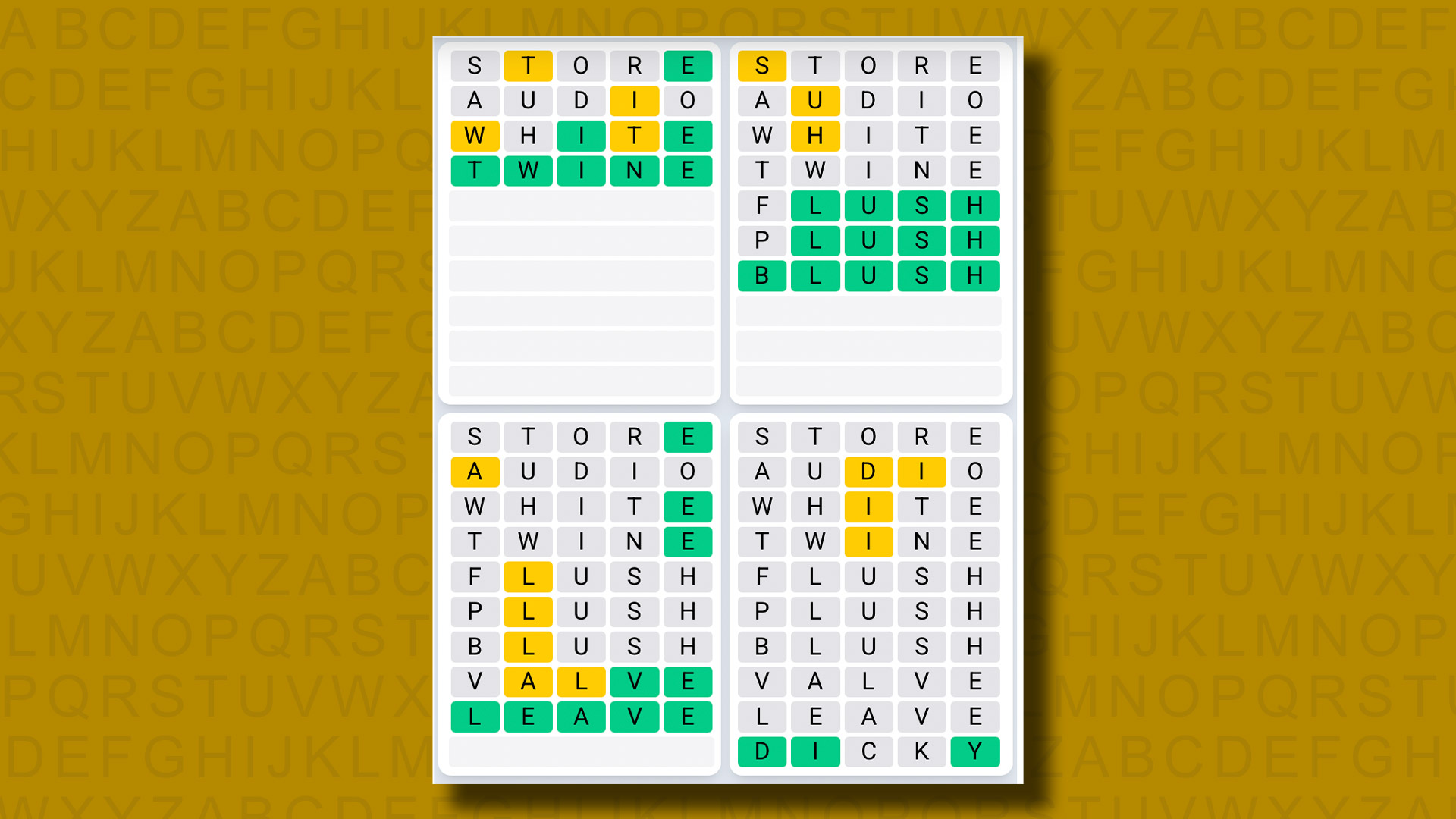 Quordle Daily Sequence answers for game 1104 on a yellow background