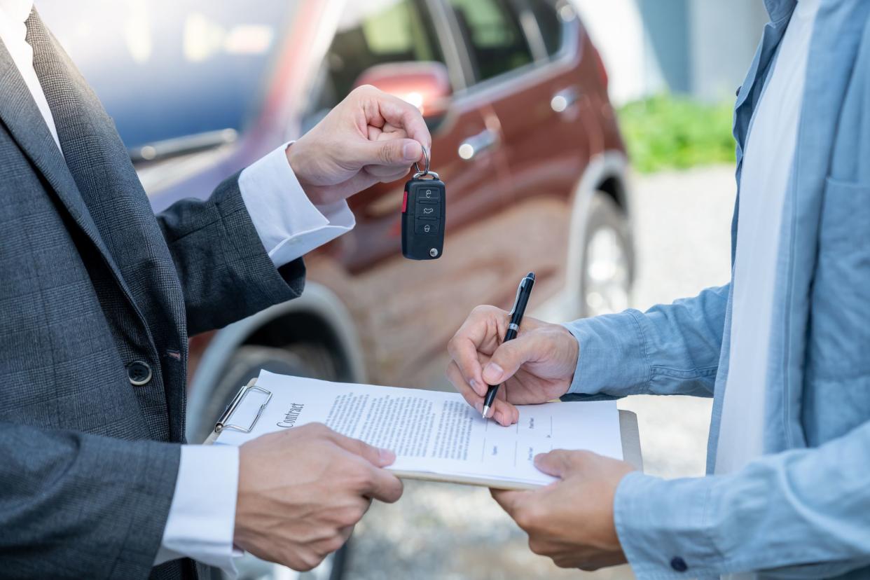 lease, rental car, sell, buy. Dealership send contract and car keys to new owner to sign. Sales, loan credit financial, rent vehicle, insurance, renting, Seller, dealer, installment, car care business