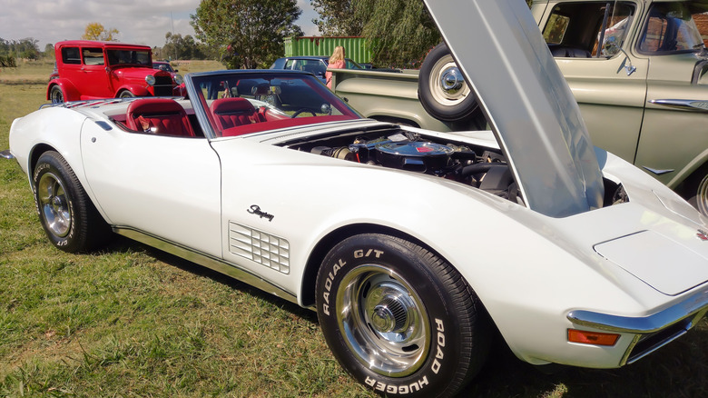 White sport Chevrolet Corvette C3 Stingray convertible with hood open parked on grass