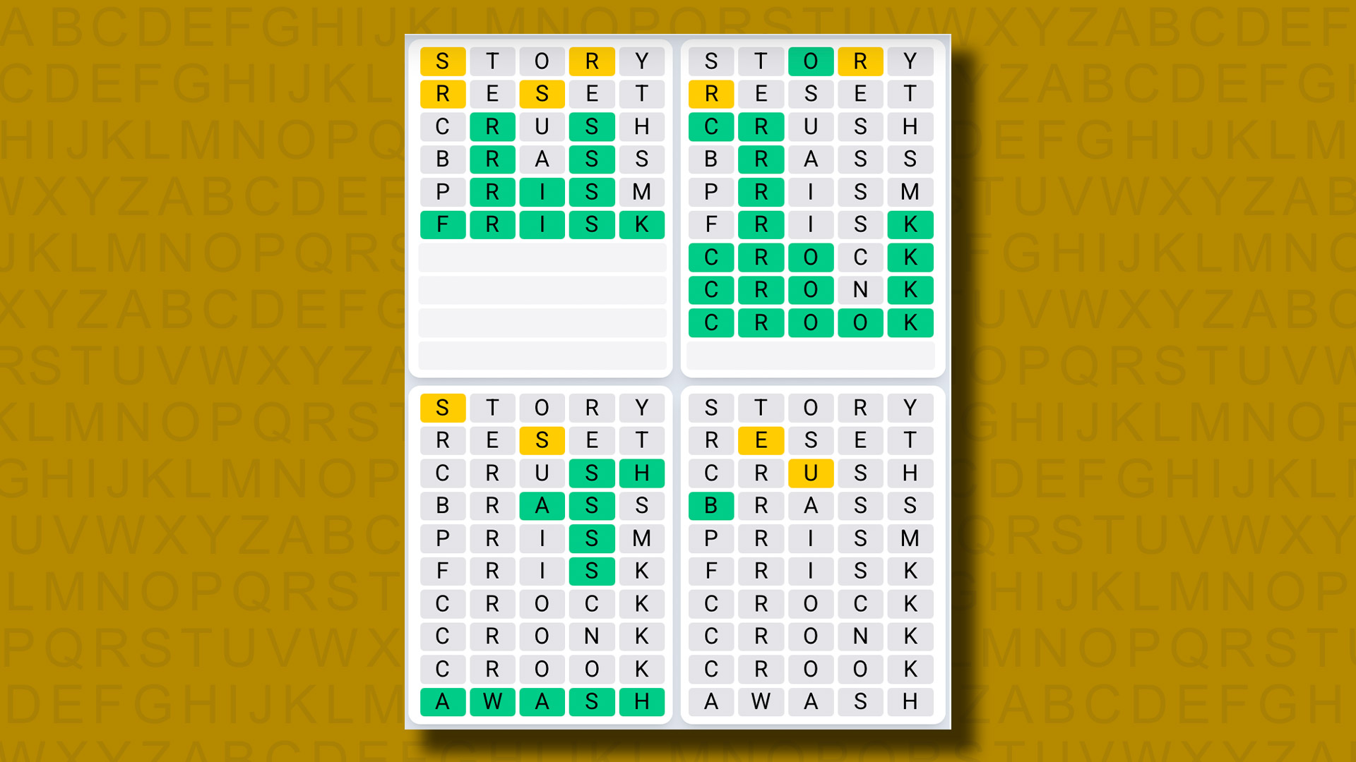 Quordle Daily Sequence answers for game 1106 on a yellow background