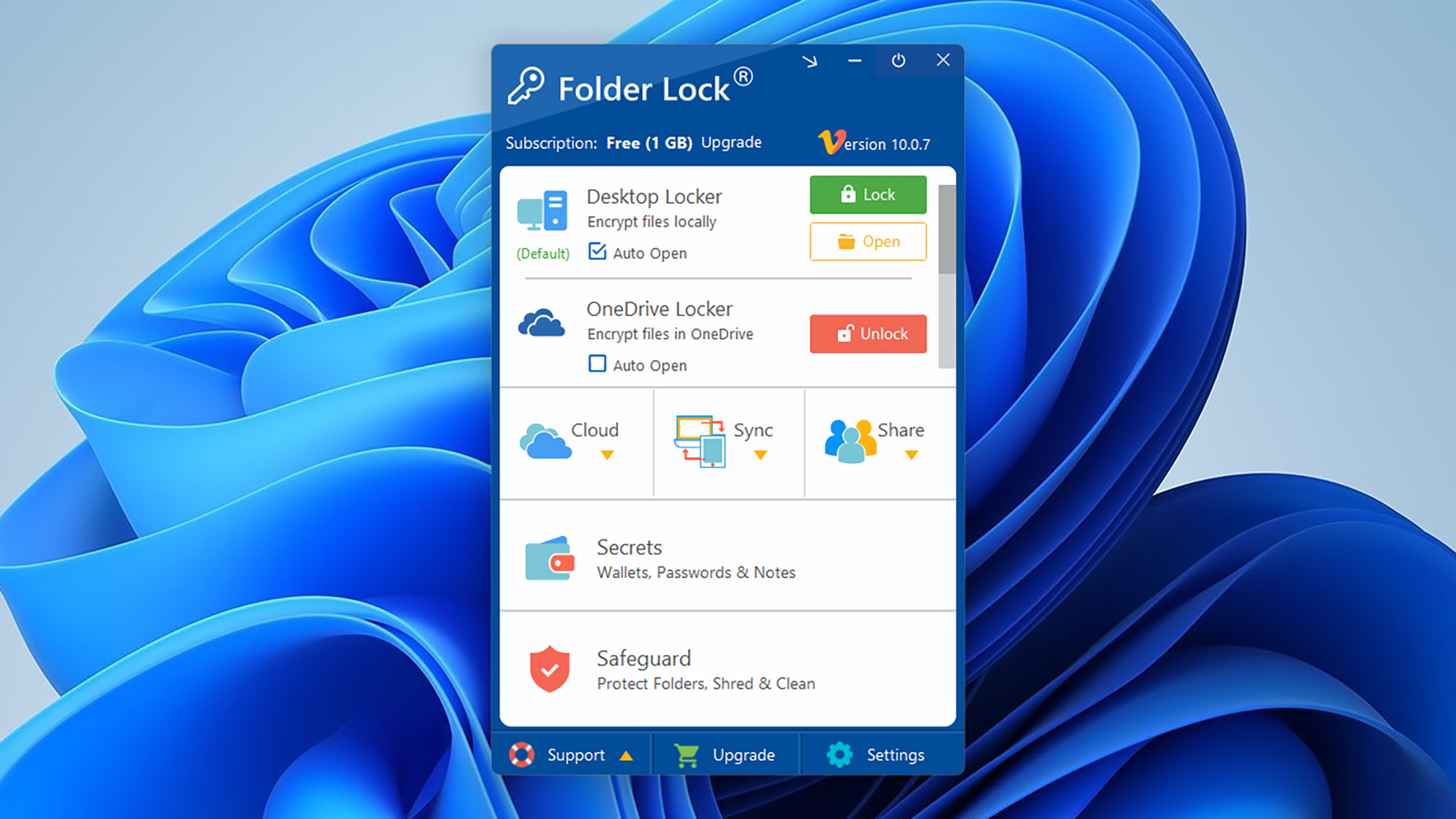 Windows display showing Folder Lock app with sections labeled Desktop Locker, OneDrive Locker, Cloud, Sync, Share, Secrets, Safeguard.