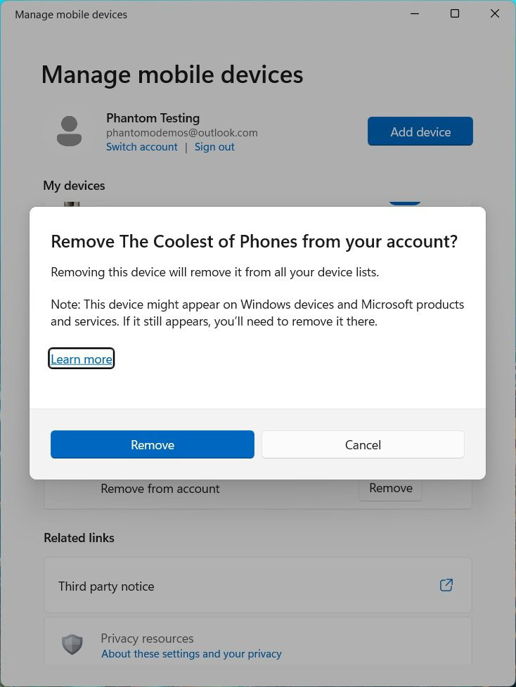 Microsoft Phone Link remove devices phantomofearth 2