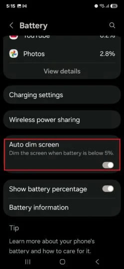 One UI 7 auto dim setting