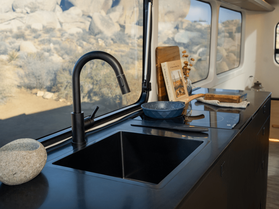 EV caravan kitchen sink and countertop.