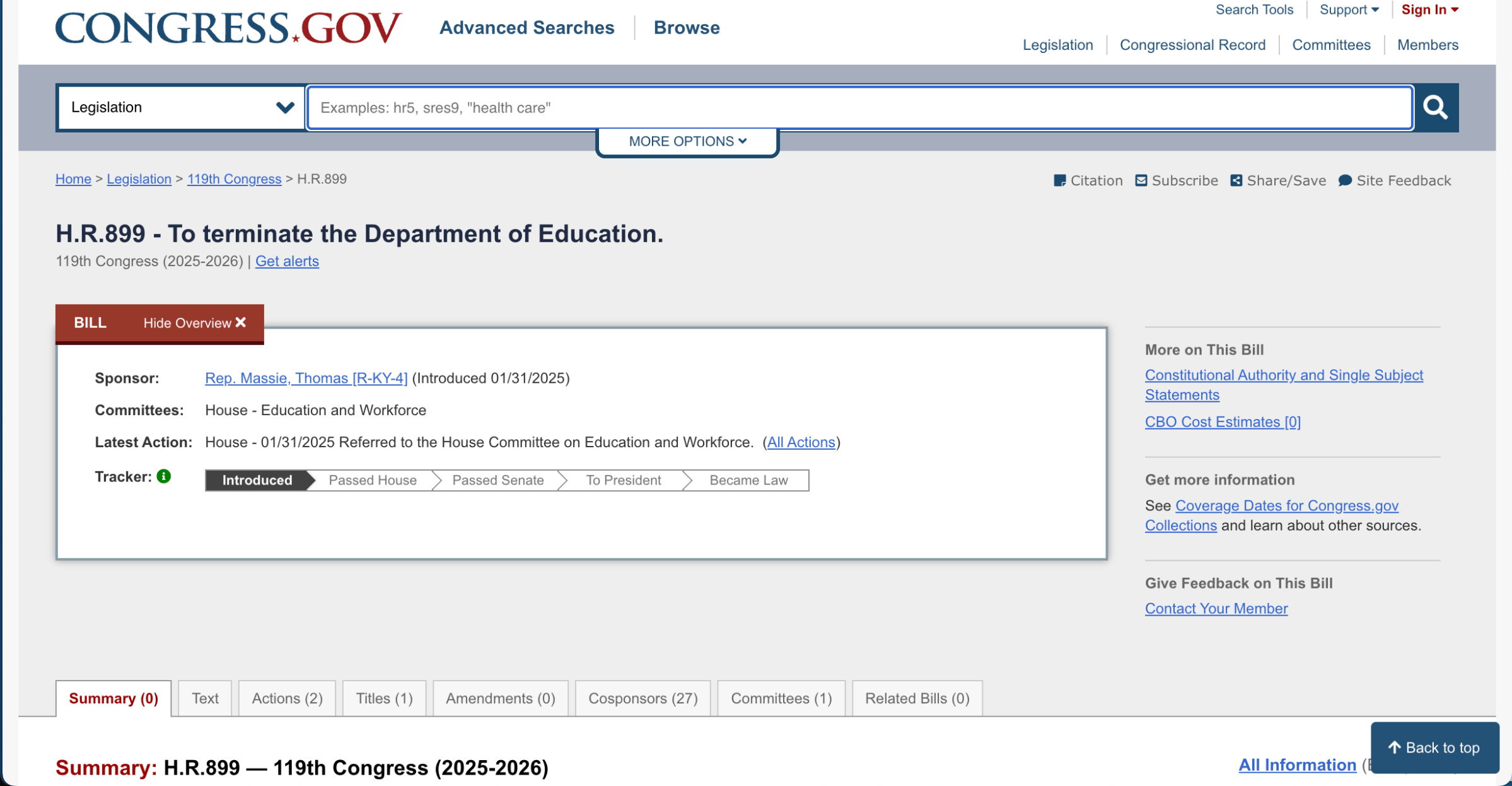 Congress.gov web site showing information about bill H.R. 899 - To terminate the Department of Education.