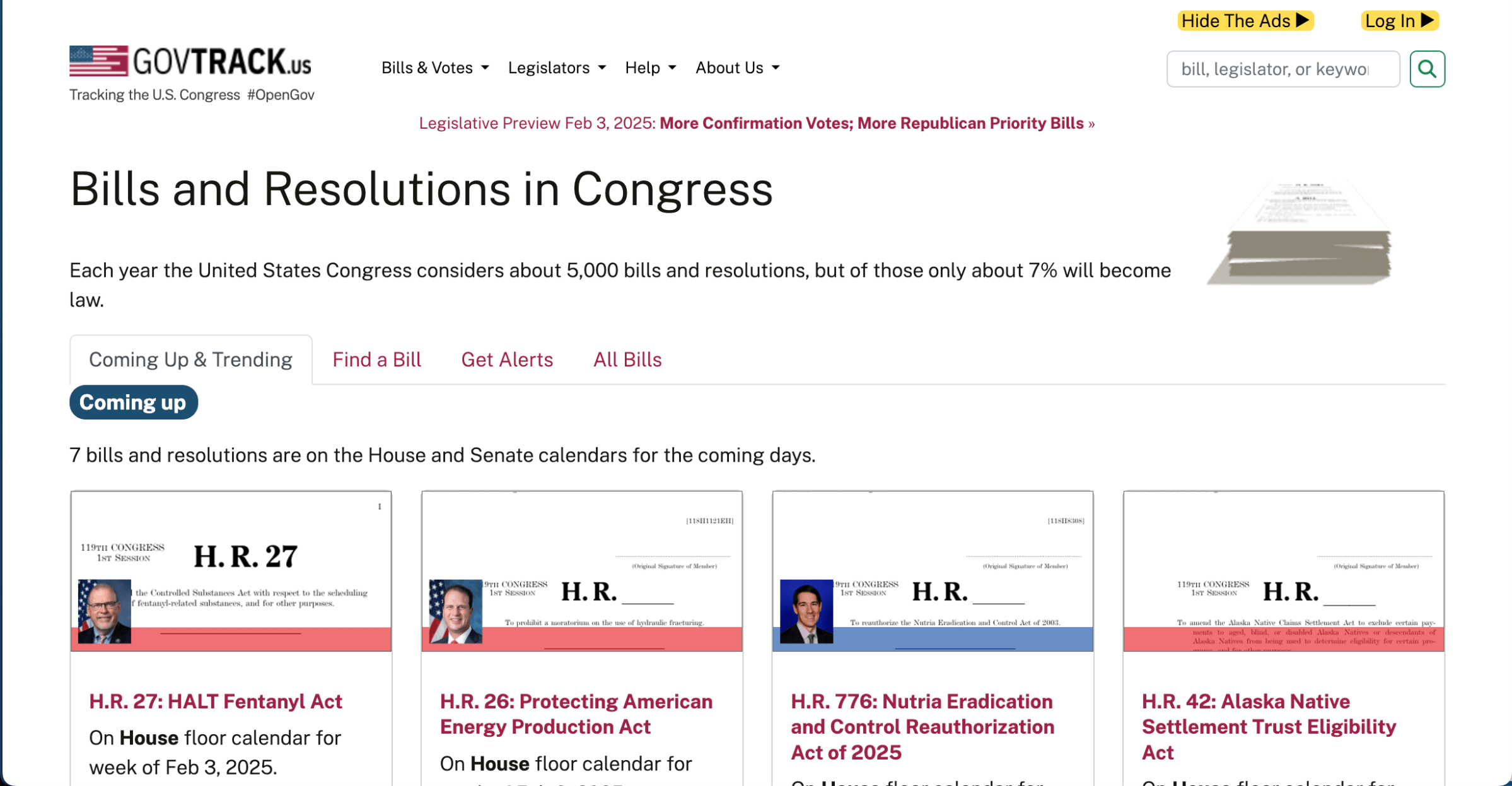 Web page headed “Bills and Resolutions in Congress” showing cards for four different bills including their numbers, names, and when they are slated to be presented.