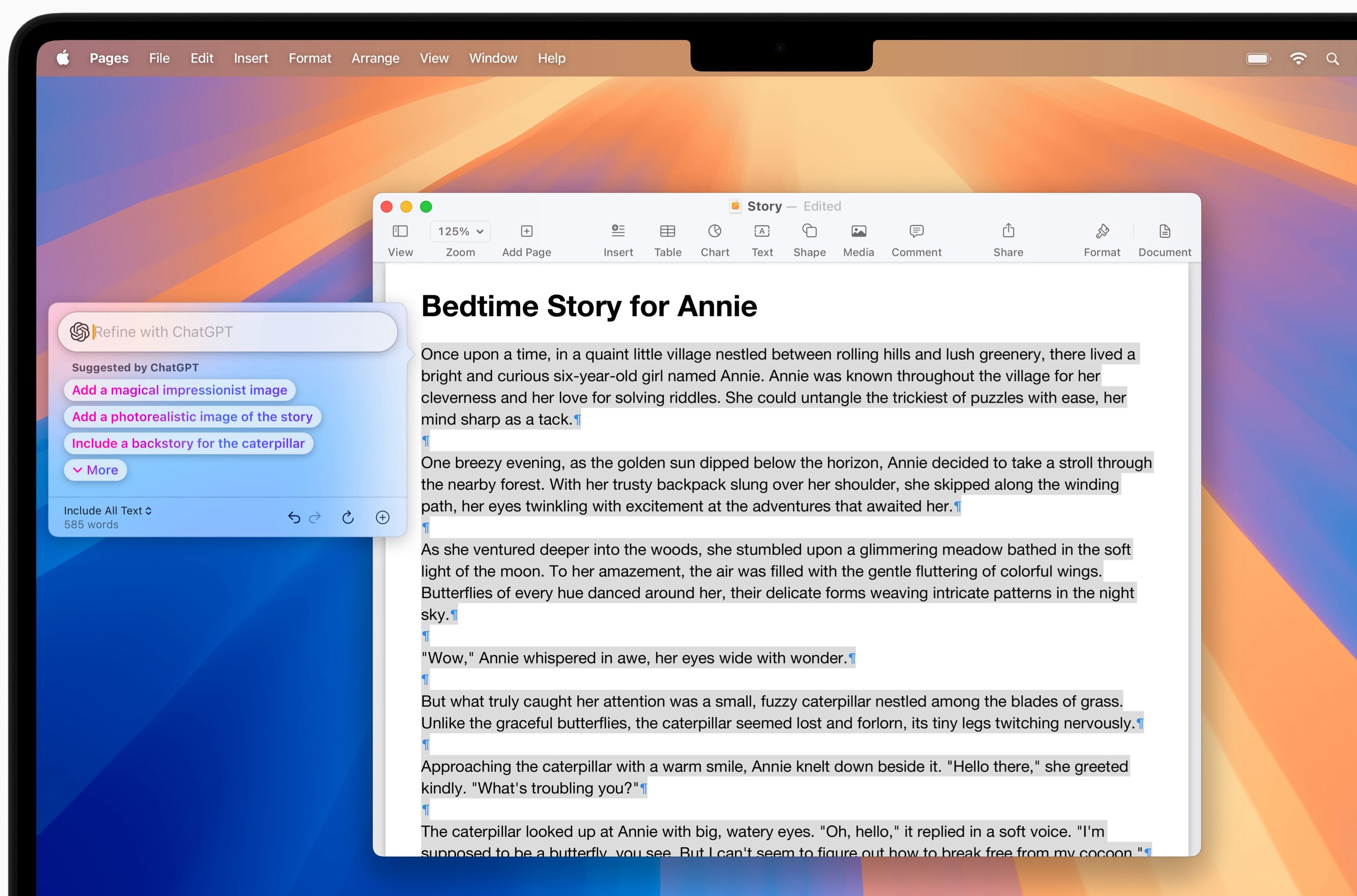 Using ChatGPT integration in Writing Tools on a Mac to create a bedtime story.