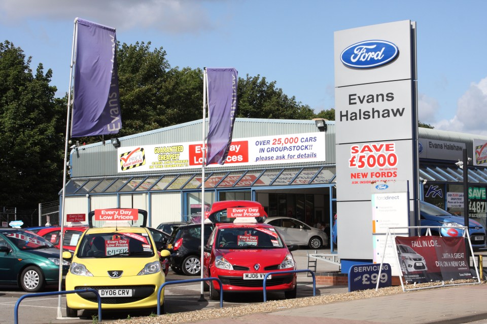 Evans Halshaw Ford dealership with cars for sale.