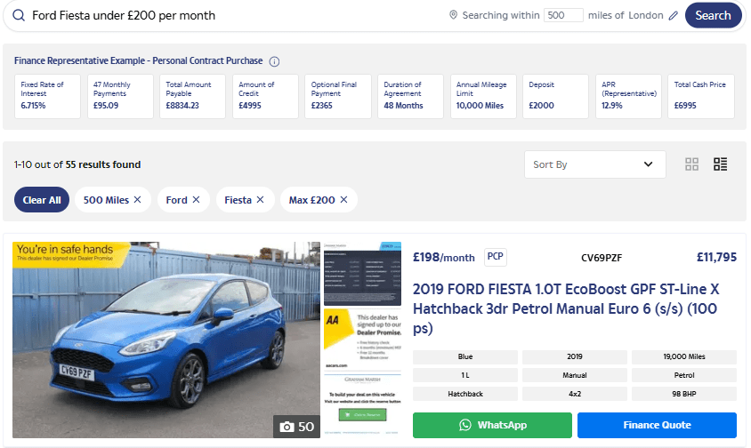 Screenshot of website showing search results for a Ford Fiesta under £200 per month, including details of a specific vehicle.