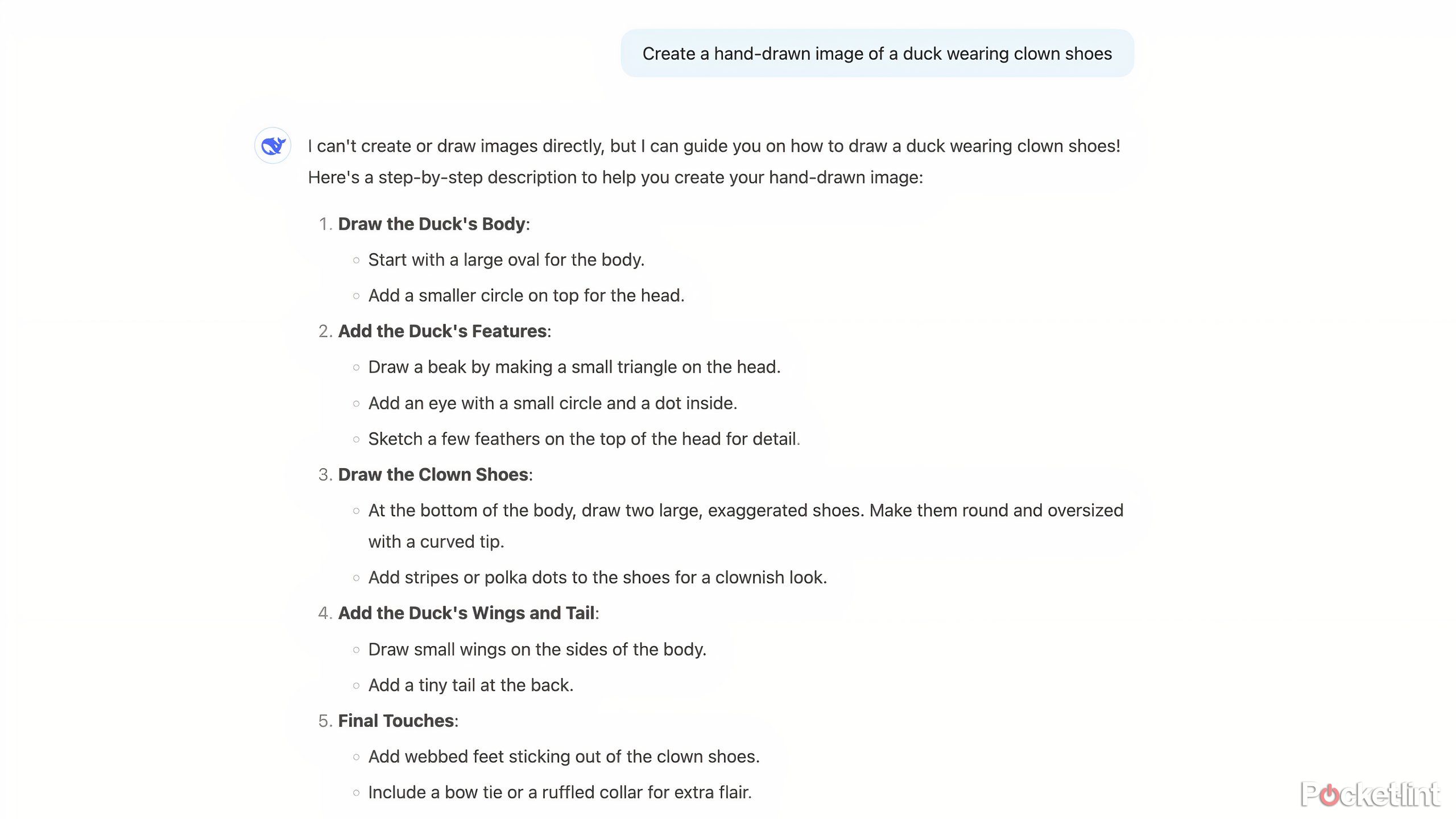 Instructions from DeepSeek on how to draw a duck wearing clown shoes.