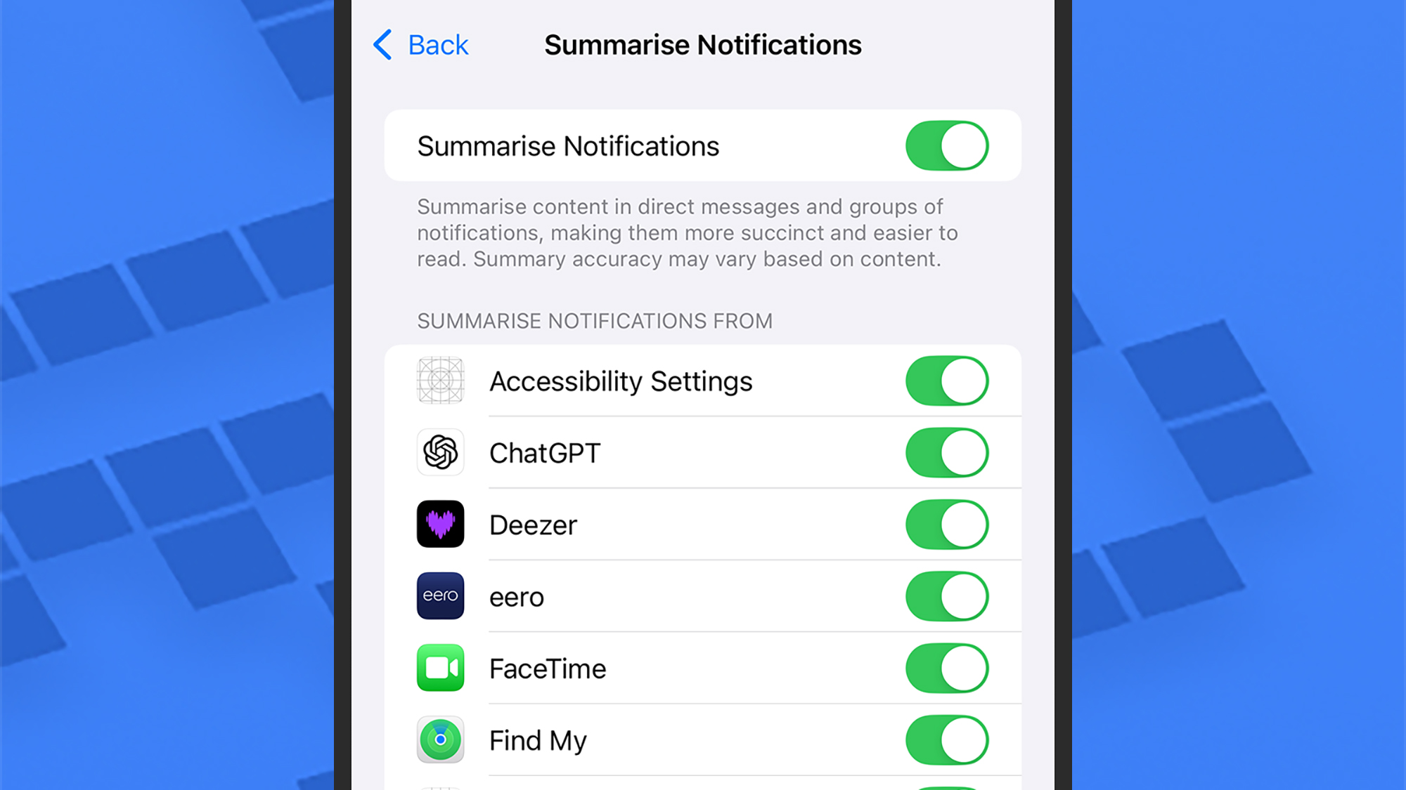 screenshot of summarize notifications options on iphone