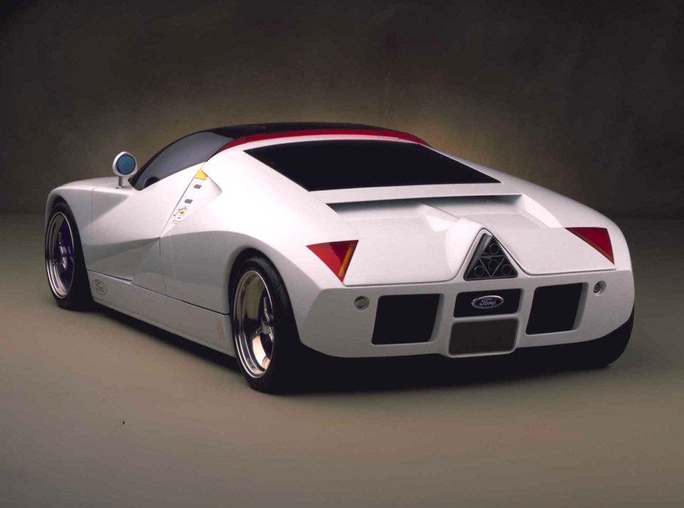 Rear view of a white Ford GT90 concept car.