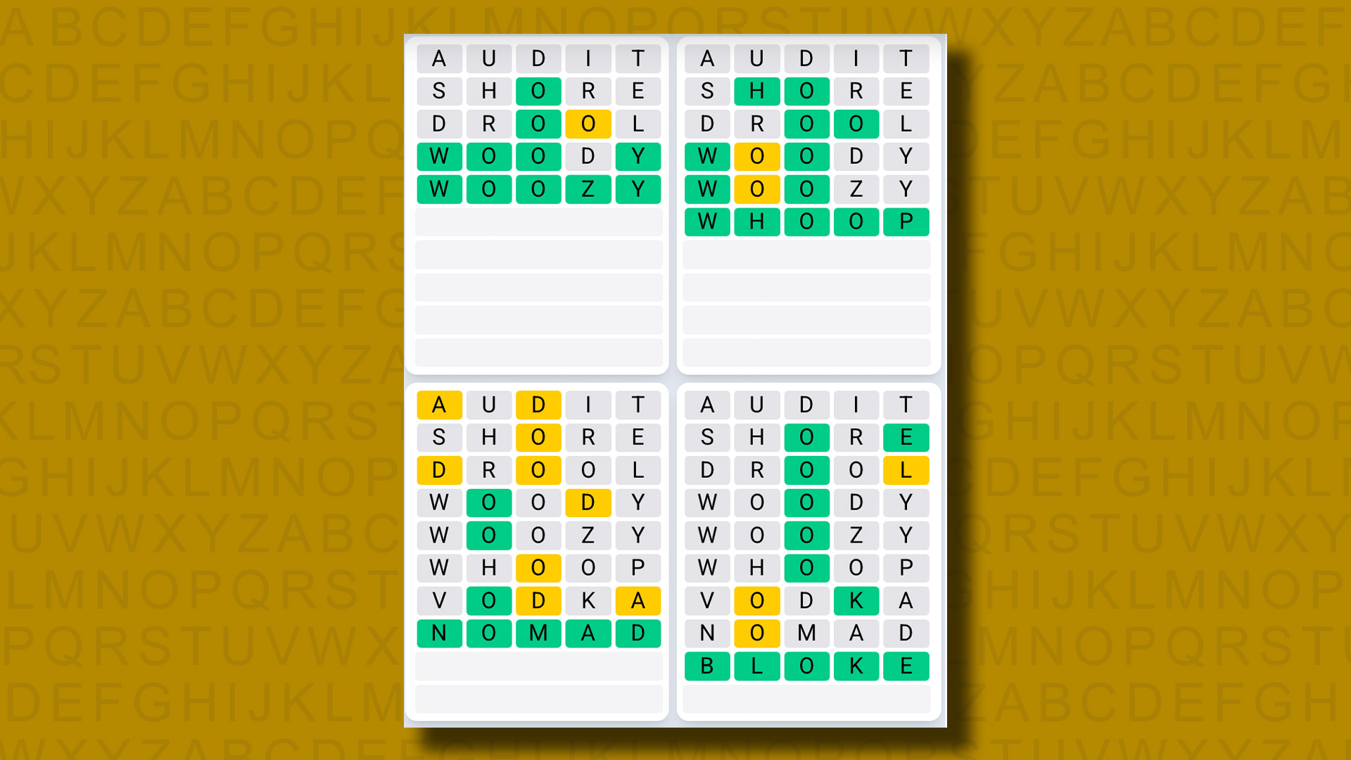 Quordle Daily Sequence answers for game 1111 on a yellow background