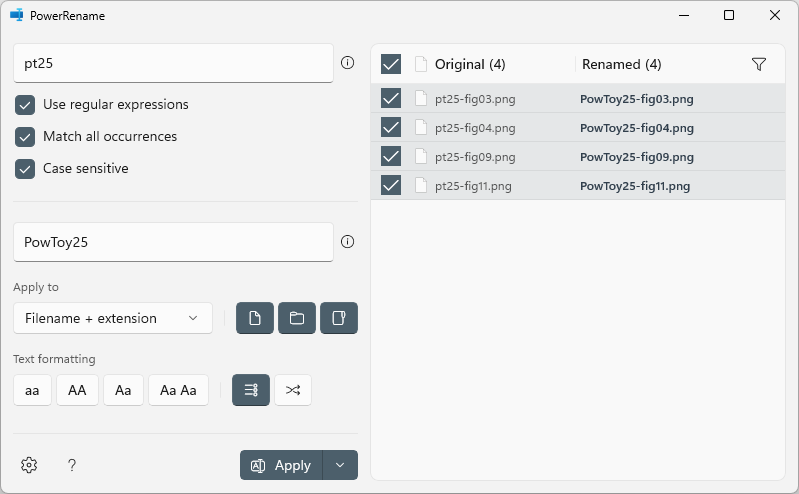 powerrename app with renaming process set up