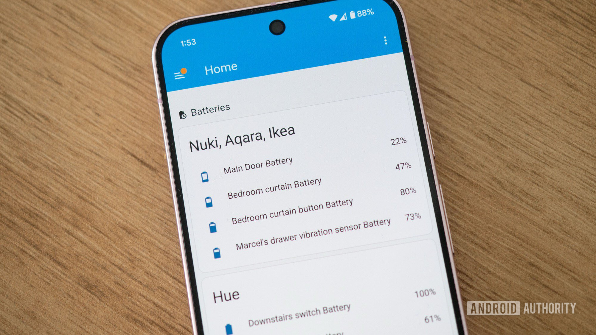 home assistant app showing battery statuses aqara nuki ikea