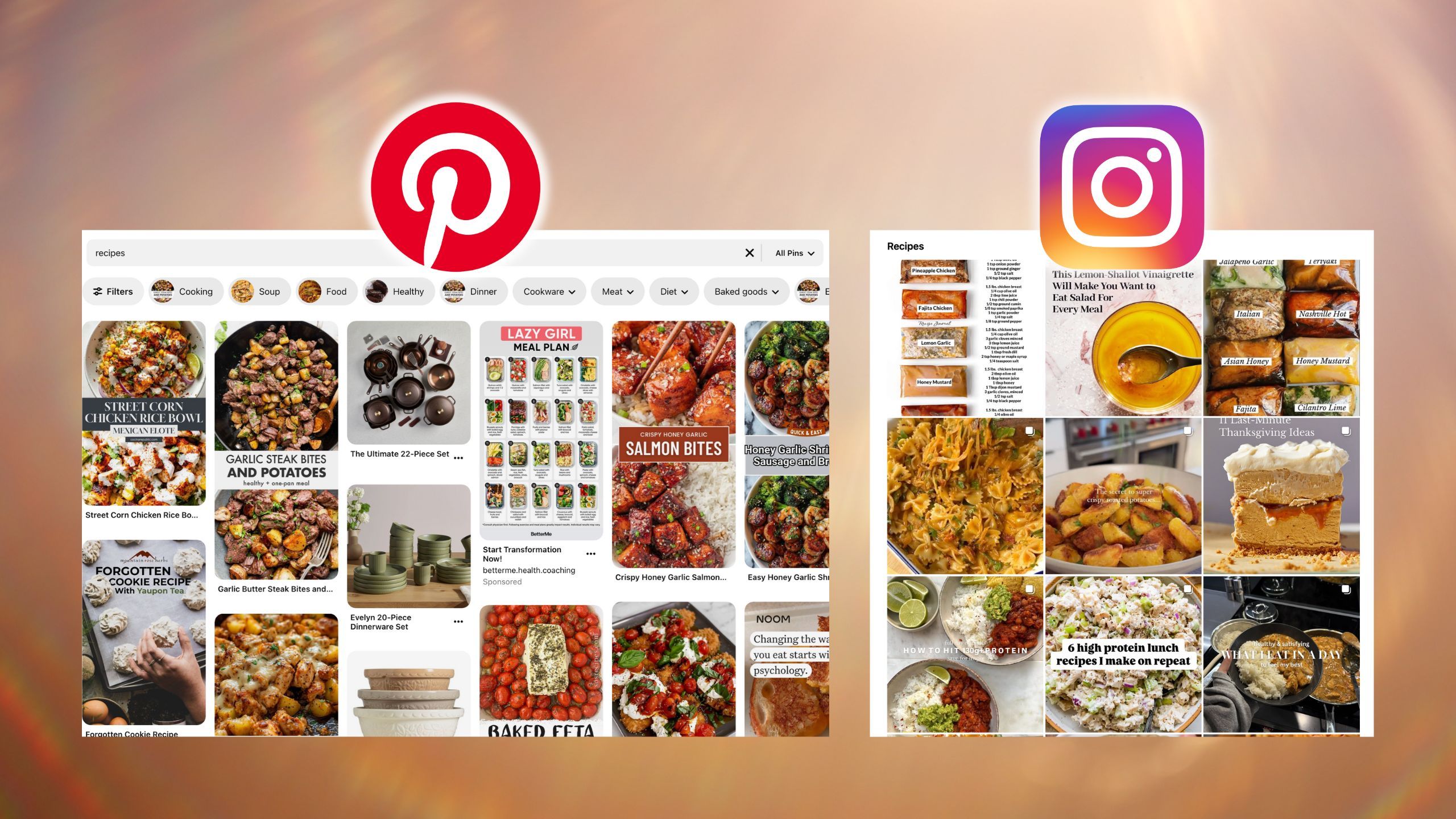 A screenshot comparison of Pinterest and Instagram searches. 