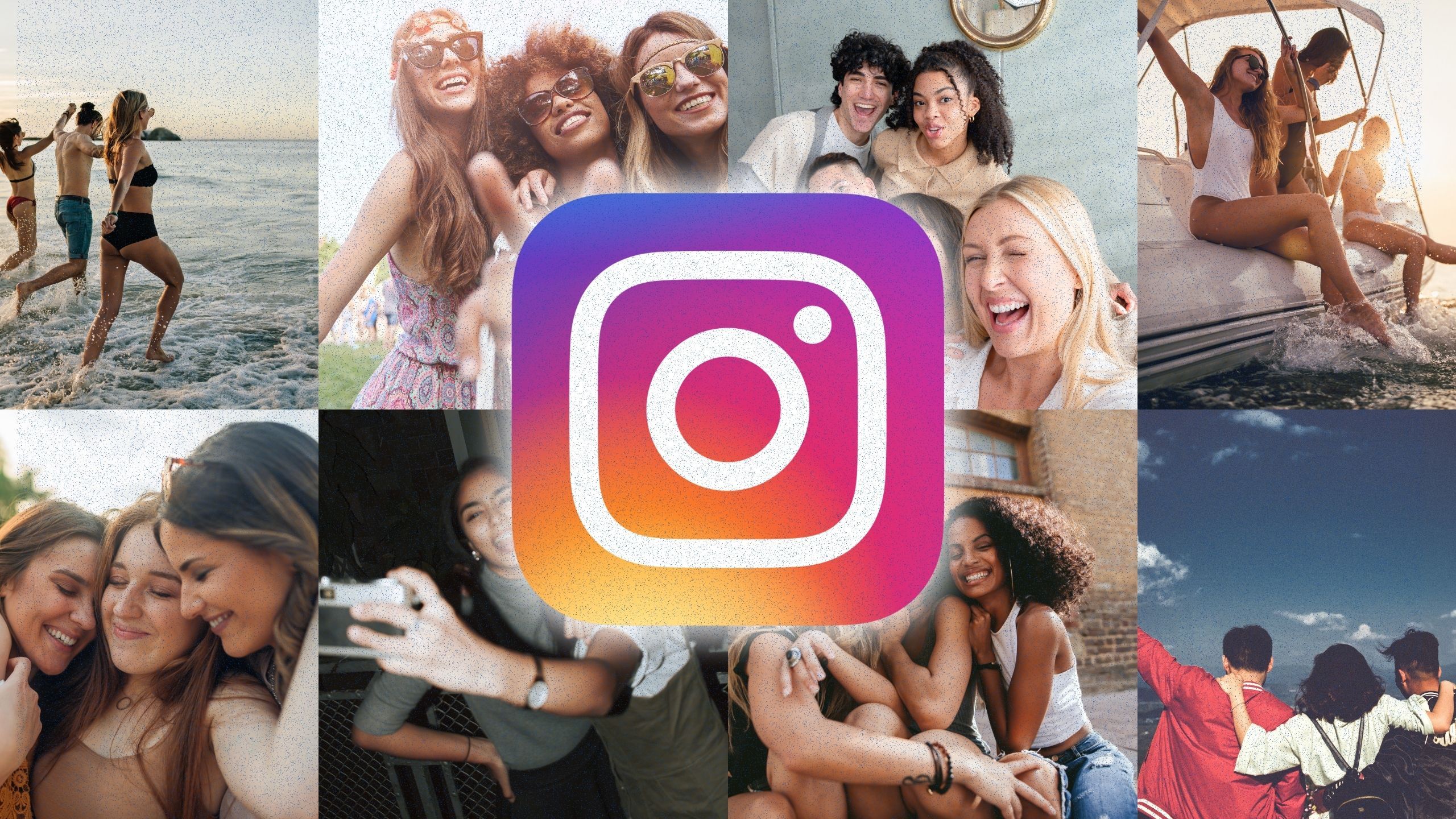 Instagram logo overlayed onto a collage grid of friends. 