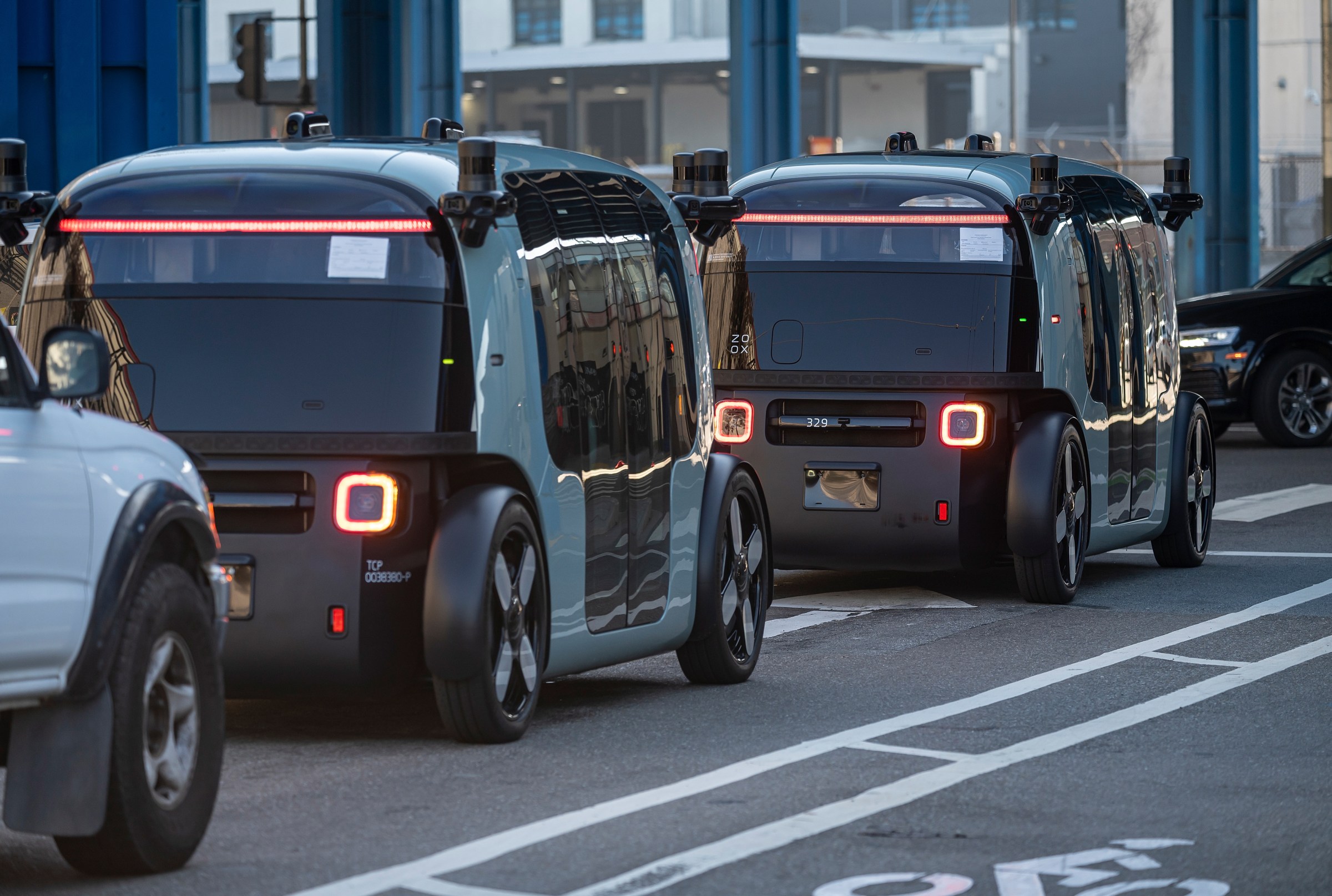 Zoox autonomous robotaxis in San Francisco, California, US, on Wednesday, Dec. 4, 2024. Amazon owned Zoox Inc. has started testing its electric robotaxis in San Francisco’s SoMa neighborhood. Photographer: David Paul Morris/Bloomberg via Getty Images