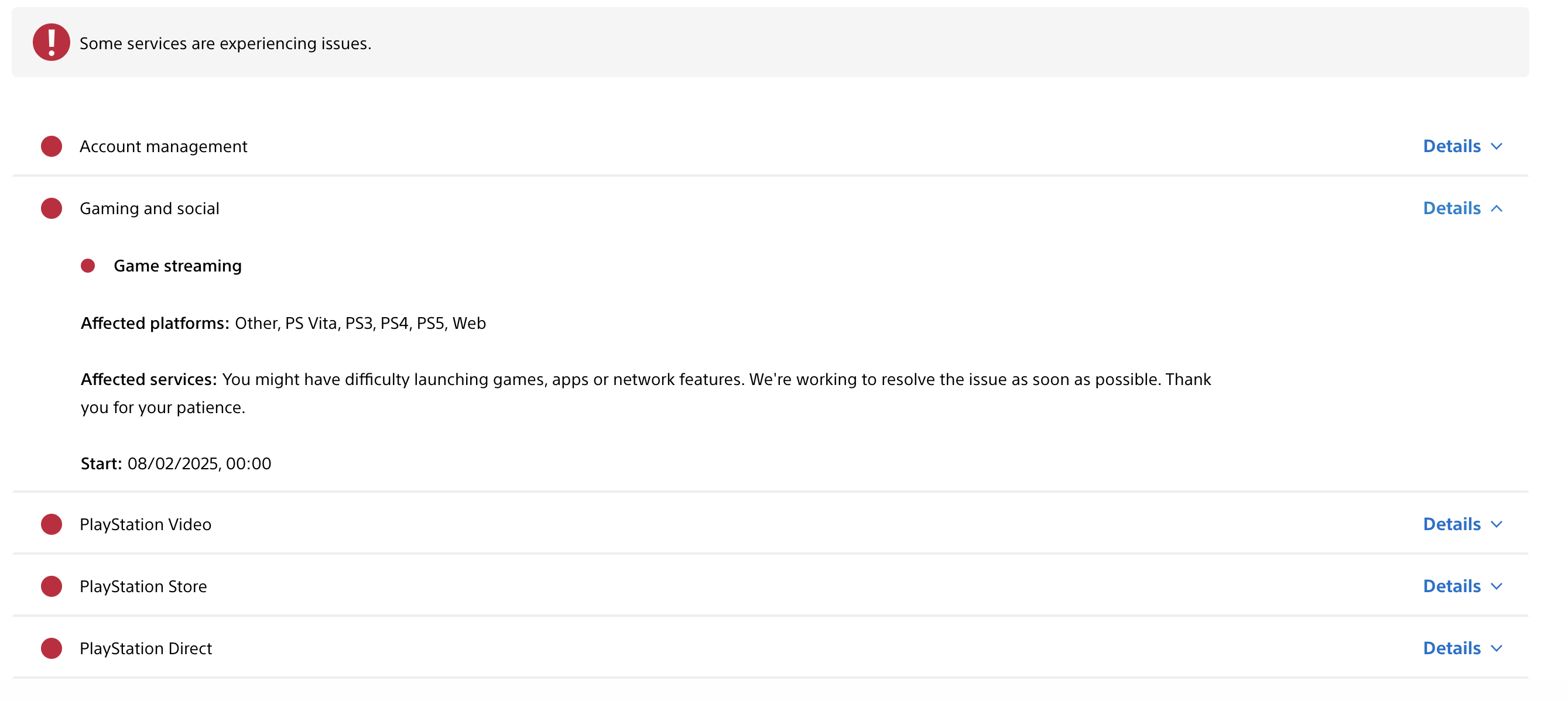 Screenshot showing detail from the PSN service status page