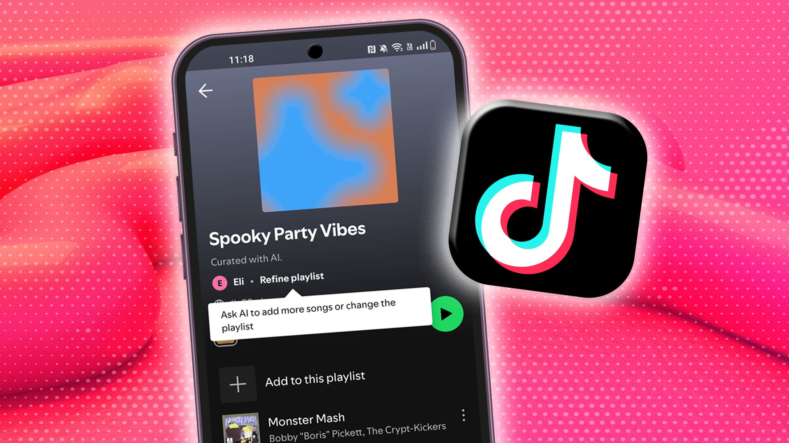 Spotify on a phone beside a rendering of TikTok icon. 