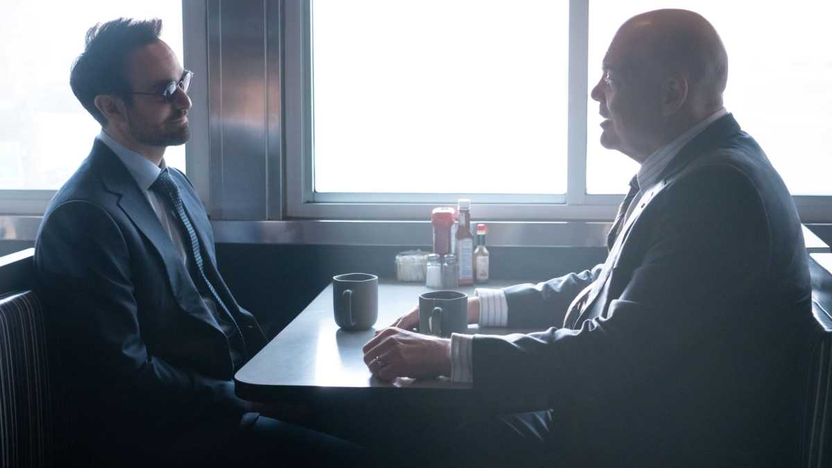 (L-R) Daredevil/Matt Murdock (Charlie Cox) and Kingpin/Wilson Fisk (Vincent D'Onofrio) in Marvel Television's DAREDEVIL: BORN AGAIN, exclusively on Disney+. Photo by Giovanni Rufino. © 2024 MARVEL.