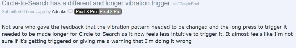Reddit user complaining about Circle to Search
